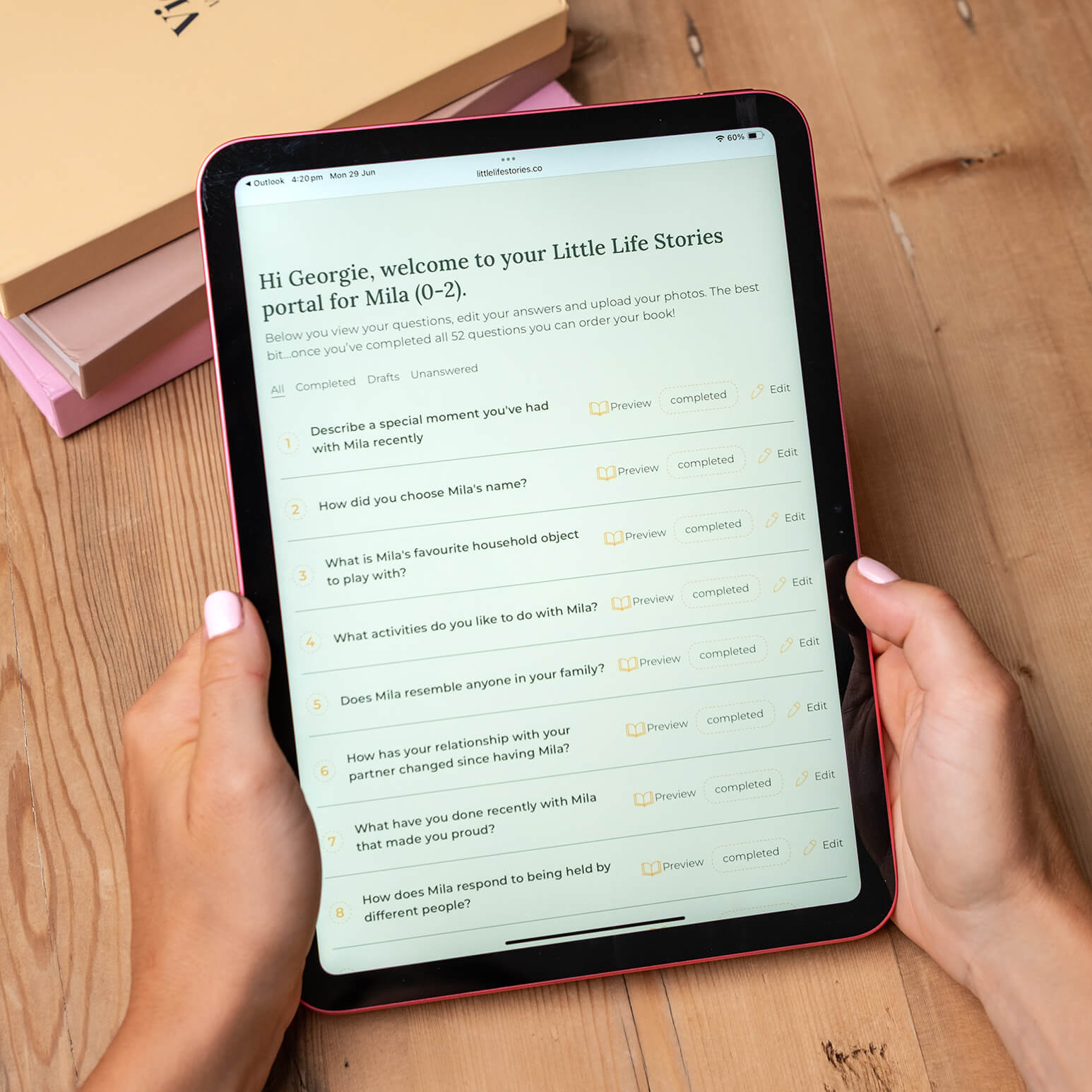 A parent writing an answer in the portal