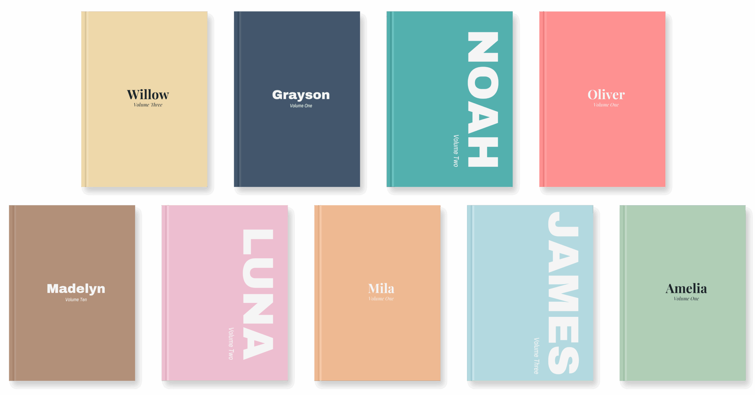 The range of hardback cover designs, flat lay